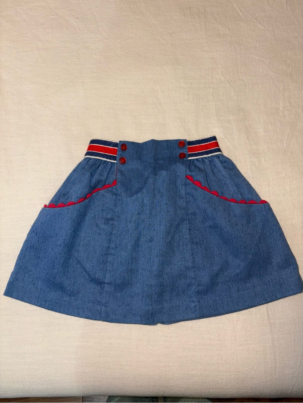 Girls XS Vintage Blue Denim A-Line Skirt with Red Trim HANDMADE